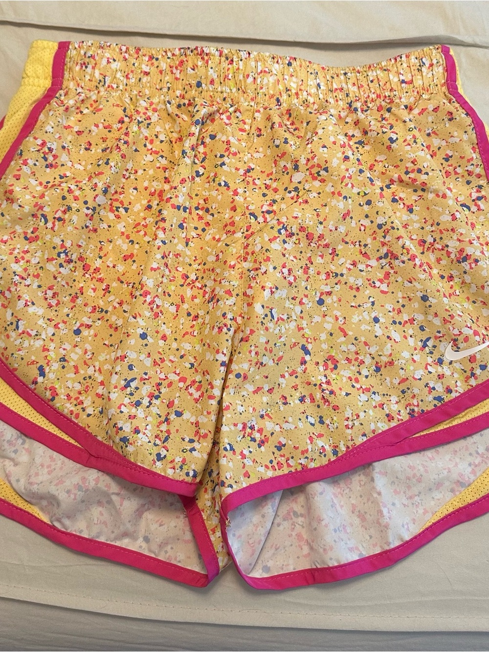 Nike Yellow Speckle Athletic Dri-Fit Shorts with Pink Trim